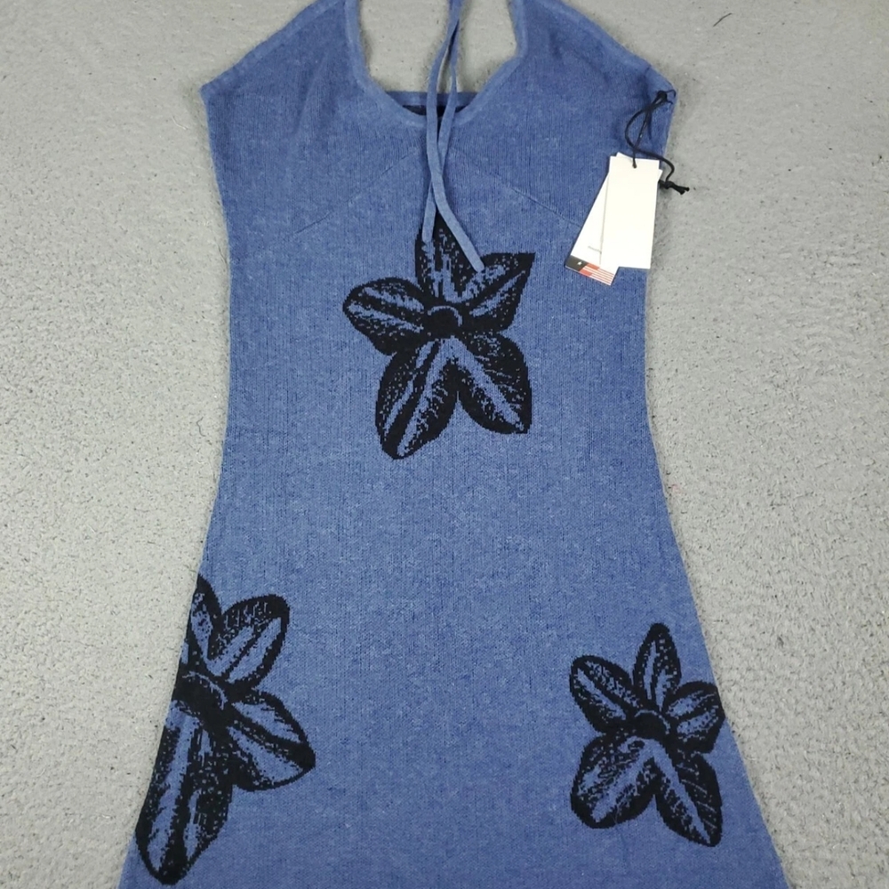 Blue Halter Neck Mini Dress with Black Floral Design